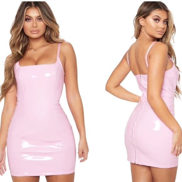 PrettyLittleThing Baby Pink PU Bodycon Dress Size US 4 Hot Pink Mini NWT - Picture 2 of 7